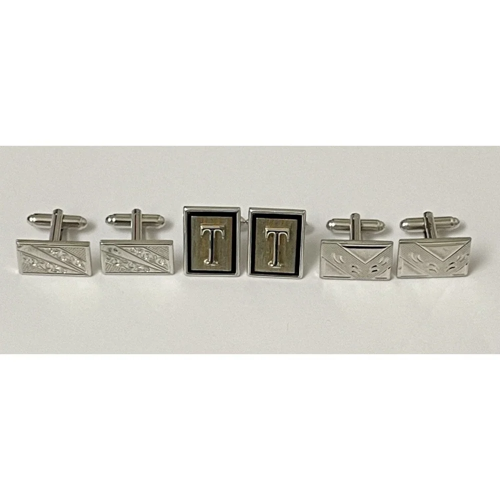 Cufflinks Lot Vintage Swank Silver Tone Initial T Plus Unsigned Geometric 3 Pair